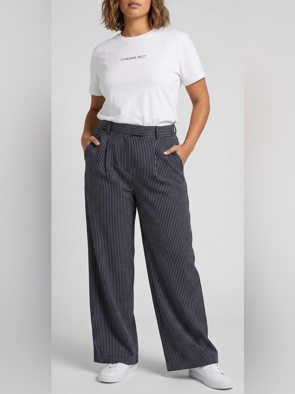 Chrome Riot High Waist Pinstripe Wide Leg Pants Black and White Pleated Trousers